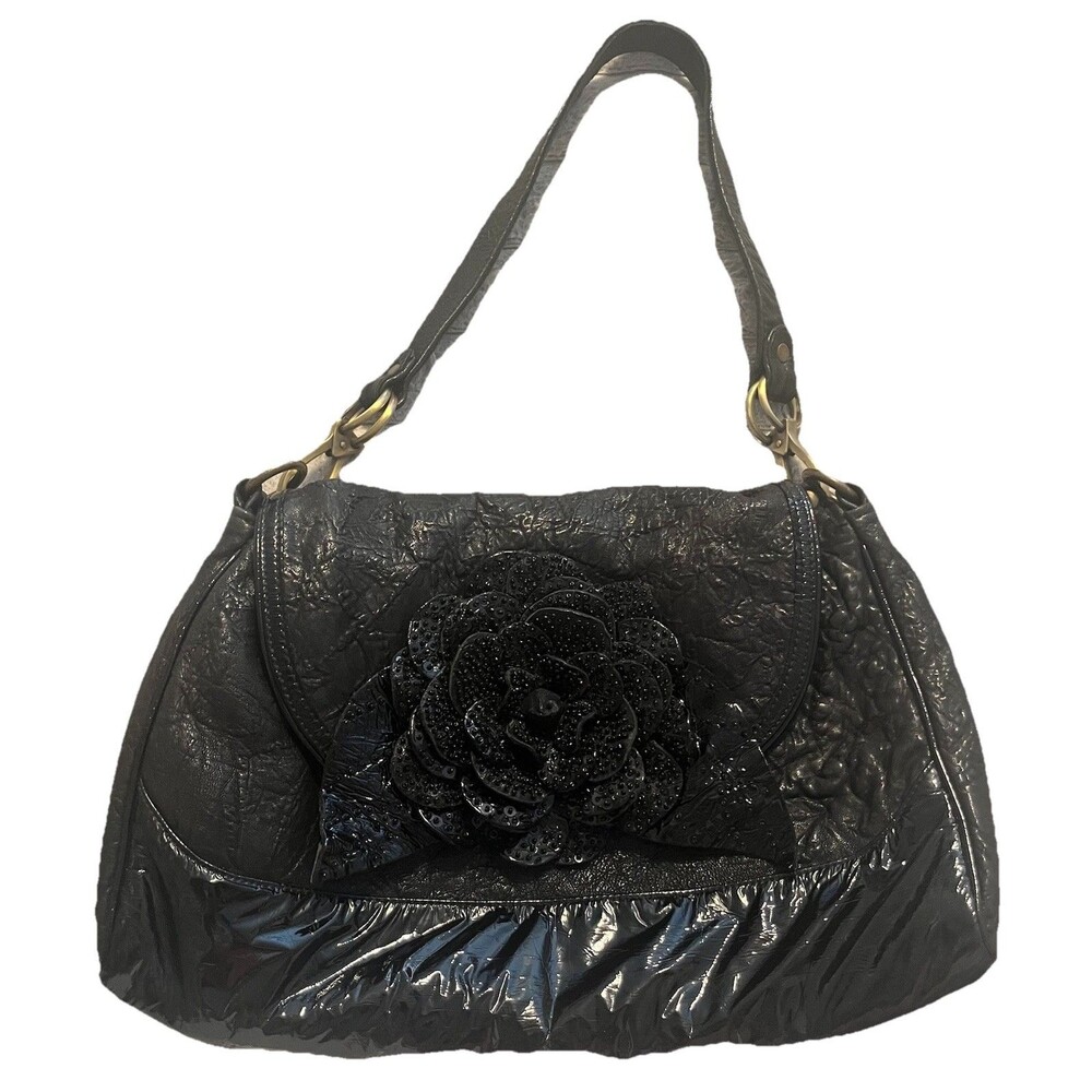 RARE Mary Frances Vintage Patent Pebbled Leather with Patent Beaded Rose Closure